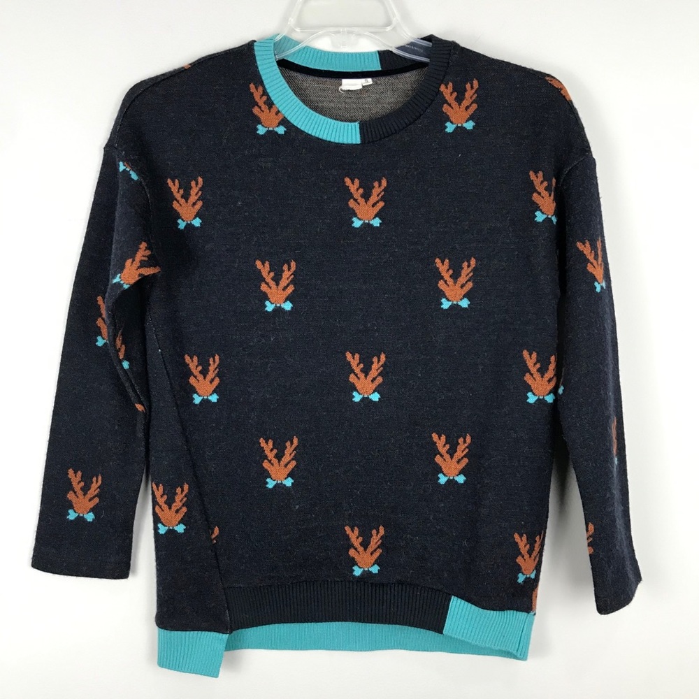 * Navy Teal Holiday Christmas Reindeer Sweater Sz S